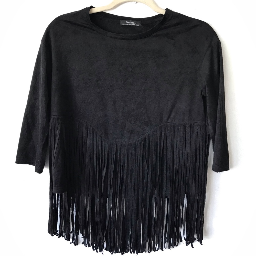 Bershka Black Suede Fringe Short Sleeve Top